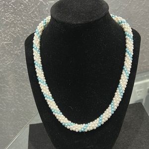 vintage blue and white pearl beaded necklace and bracelet set